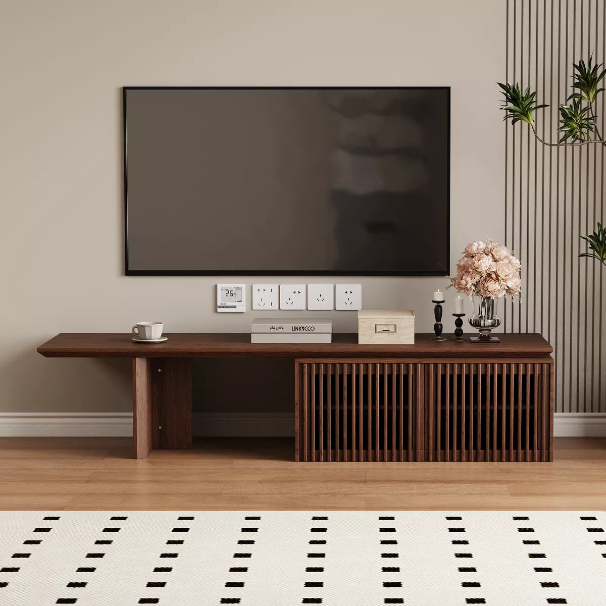 LOVSON Modern TV Stand with Storage for Entertainment Center, Retractable TV Media Console for TVs over 55" for Living Room/Bedroom, Walnut