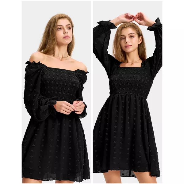 EXLURA Womens 2025 Summer Long Sleeve Party Swiss Dot Dress Smocked Ruffle Cocktail Mini Dresses