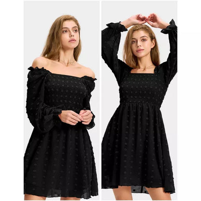 EXLURA Womens 2025 Summer Long Sleeve Party Swiss Dot Dress Smocked Ruffle Cocktail Mini Dresses