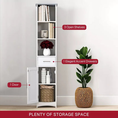 VANIRROR Narrow Linen Cabinet, Slim Storage Cabinet with Door & Drawer, Bathroom Floor Cabinet with Adjustable Shelves, Gray