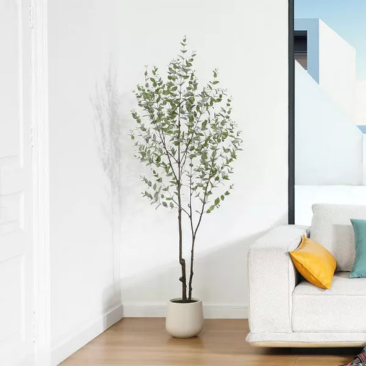 DR.Planzen 6FT Faux Eucalyptus Tree with Oval White Planter, Pre Potted Artificial Eucalyptus Plant for Home Decor