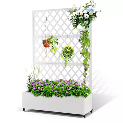 TOAOTBNBO Metal Raised Garden Bed with Diamond Lattice Trellis, Outdoor Planter Box with Wheels, Galvanized Garden Box for Patio