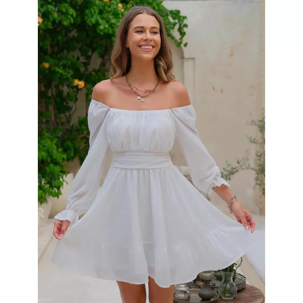 EXLURA Womens 2025 Casual Long Lantern Sleeve Dresses Square Neck Ruffle Tie Back Elastic Waist Aline Short Mini Dress