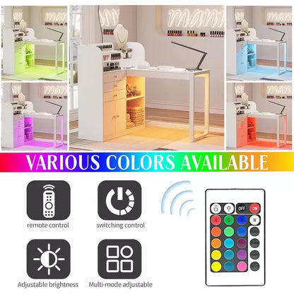 PAKASEPT Manicure Table with Led Light, Nail Desk Makeup Dressing Nail Station with Storage Drawers & Cabinet and Shelves