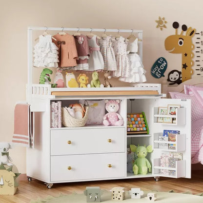 PAKASEPT Baby Changing Table, Infant Diaper Changing Station with Wheels, Table Top & Clothes Rail, and 2 Drawers and Cabinet