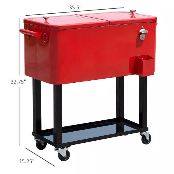 Resenkos 80 QT Rolling Cooling Bins Ice Chest on Wheels Outdoor Stand Up Drink Cooler Cart for Party, Red