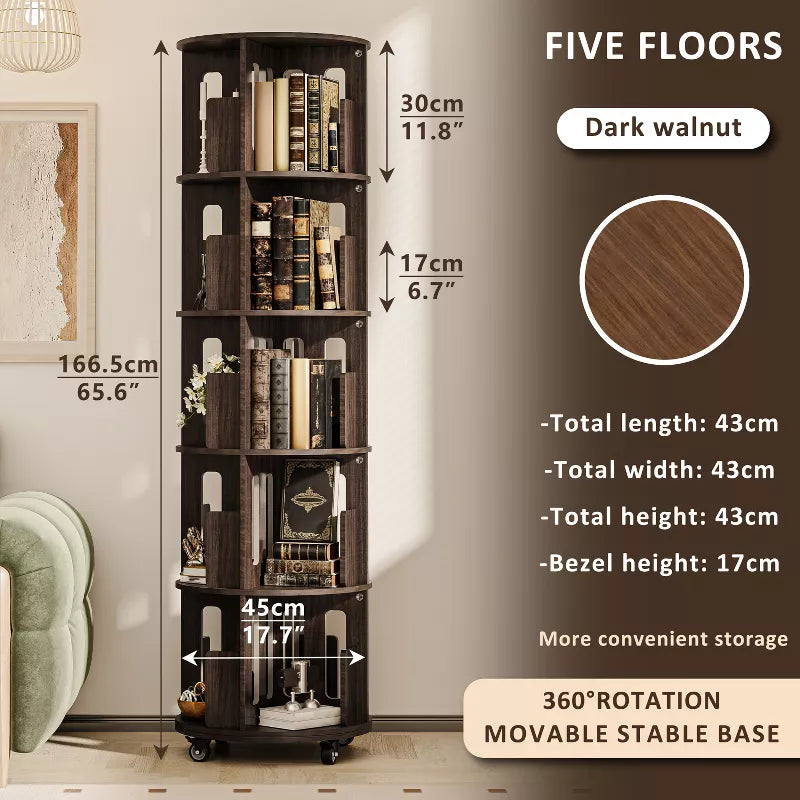 ATJafurn 17.7'' 360° Rotating Bookshelf Tower Revolving Corner Bookcase, Mid-Century Modern Dark Walnut Spinning Bookshelves For Home Office Corner