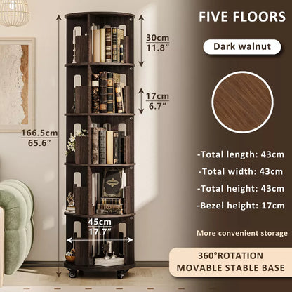 ATJafurn 17.7'' 360° Rotating Bookshelf Tower Revolving Corner Bookcase, Mid-Century Modern Dark Walnut Spinning Bookshelves For Home Office Corner
