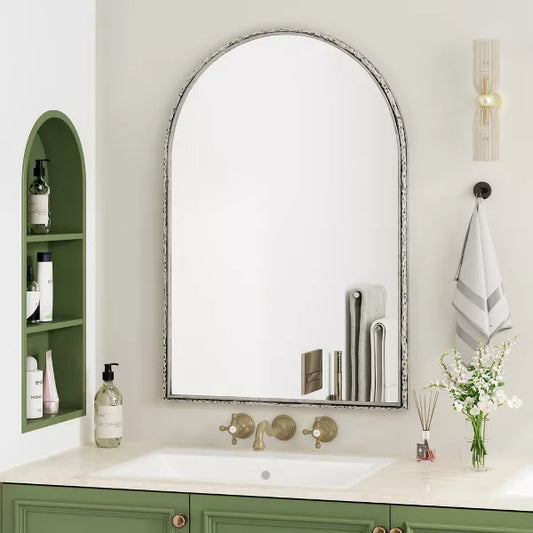 Wooakway 35.83"H 24.02"W Retro Arch Iron Bathroom/Vanity Mirror Disressed Wall Mirror Vintage Makeup Mirror Antique Decor Mirror