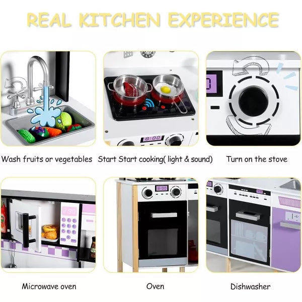 Kinder King Wooden Kids Play Kitchen, Toy Kitchen Playset for Toddler, Realistic Kitchen Set w/Lights & Sounds, Gift for Boys Girls Age 3+, Purple