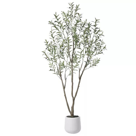 DR.Planzen 5-7FT Artificial Olive Tree with Triple-Trunk Design - Realistic Black Olives & Green Leaves in 9x9" White Plastic Planter for Home Decor
