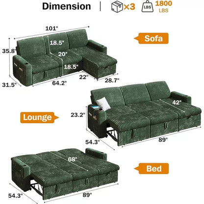 Vipbear 101'' Sectional Sleeper Sofa Bed with Pull Out Bed, with Reclining Backrest/Two Pull Out Beds/USB Ports/Cup Holders, Plush Corduroy