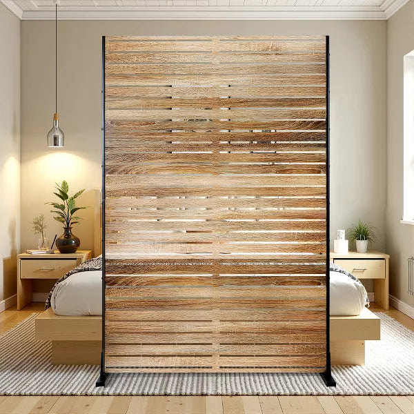 TOAOTBNBO 3-Panel Metal Privacy Screen, Decorative Privacy Fence Panels with Stand, Outdoor Privacy Screen for Patio, Natural Oak