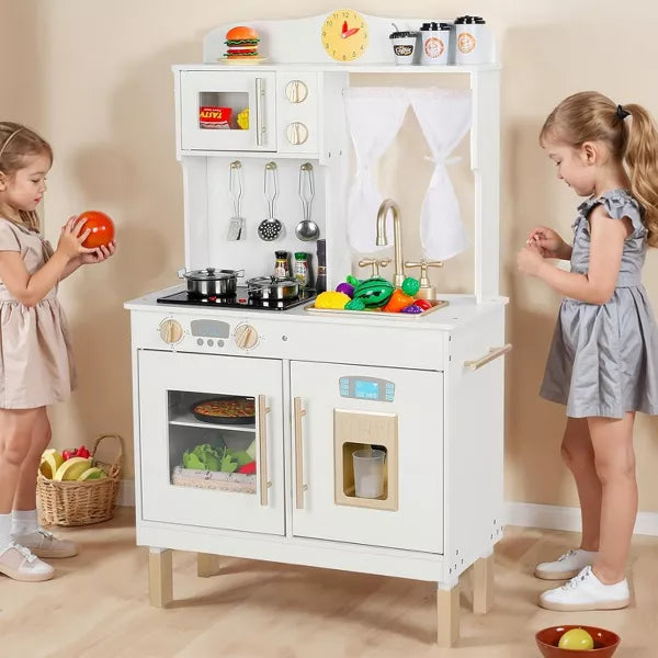 Kinder King Wooden Kids Play Kitchen, Toy Kitchen Playset for Toddler, Realistic Kitchen Sets w/Lights & Sounds, Gift for Boys Girls Age 3+