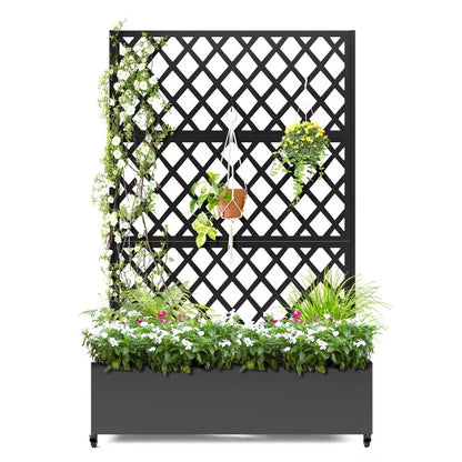 TOAOTBNBO Metal Raised Garden Bed with Diamond Lattice Trellis, Outdoor Planter Box with Wheels, Galvanized Garden Box for Patio