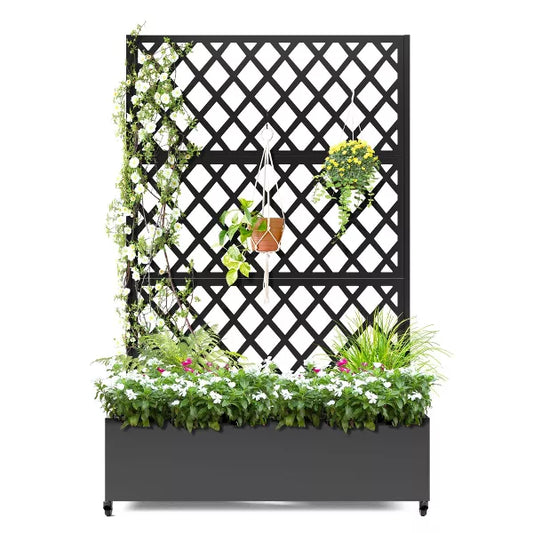 TOAOTBNBO Metal Raised Garden Bed with Diamond Lattice Trellis, Outdoor Planter Box with Wheels, Galvanized Garden Box for Patio