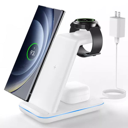 GreenEver Wireless Charging Station 3-in-1 Phone Charger Stand for Galaxy Watch7 Pro/4/3/Active2/1-S24-S23 Ultra/S22-S20/Note 20 White