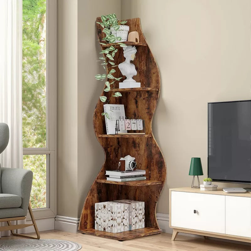 Lirago,18.9"L*18.9"W*70.08"H,5-Tier Corner Bookshelf - Modern Brown Wall Shelf with Adjustable Shelves for Home & Office