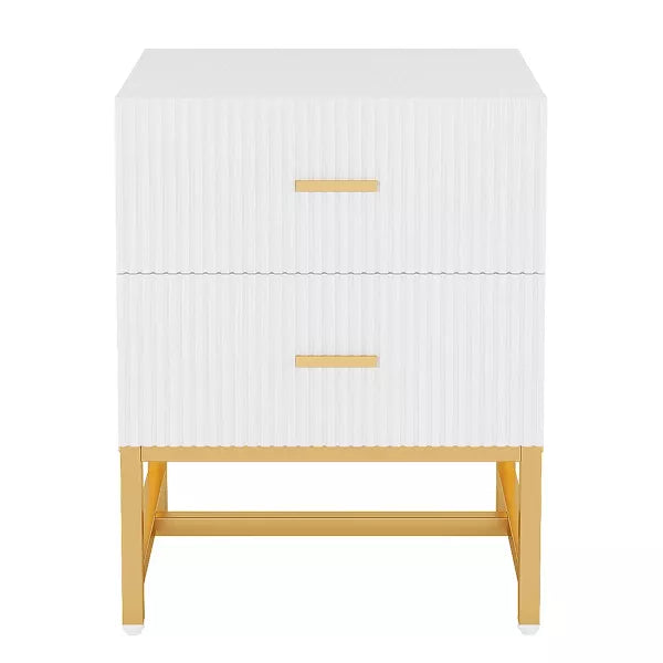 Resenkos 2-Drawer Nightstand, Large White Gold Bed Side Table, Modern Wide End Table Table for Living Room, Wood Metal Tall Night Stands