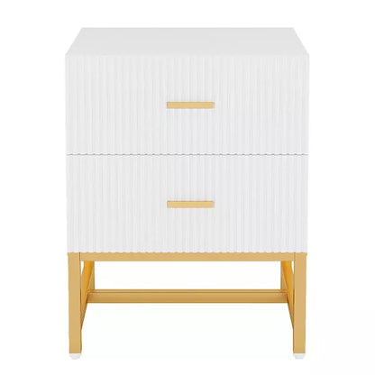 Resenkos 2-Drawer Nightstand, Large White Gold Bed Side Table, Modern Wide End Table Table for Living Room, Wood Metal Tall Night Stands