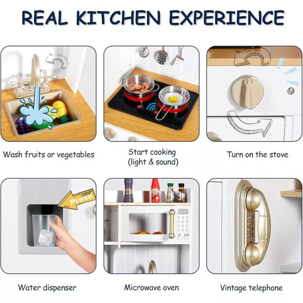 Kinder King Wooden Kids Play Kitchen, Toy Kitchen Playset for Toddler, Realistic Kitchen Sets w/Lights & Sounds, Gift for Boys Girls Age 3+, Gold