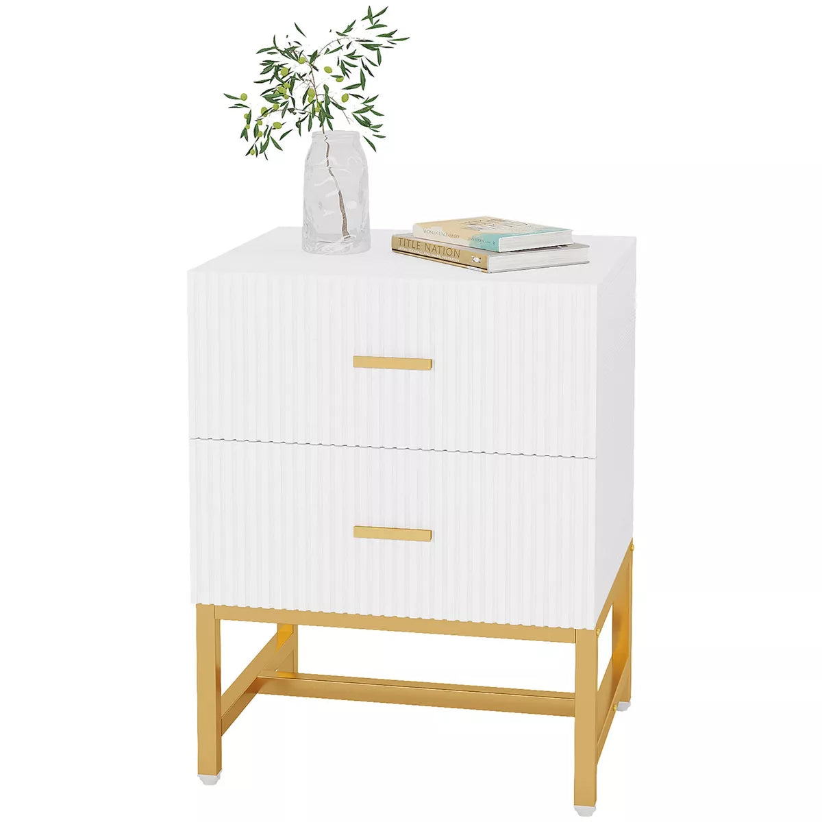 Resenkos 2-Drawer Nightstand, Large White Gold Bed Side Table, Modern Wide End Table Table for Living Room, Wood Metal Tall Night Stands