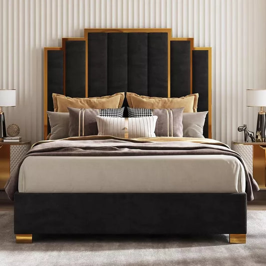 AMERLIFE Upholstered Bed, Modern Velvet Bed Frame with 61.4" Tall Gold Trim Headboard