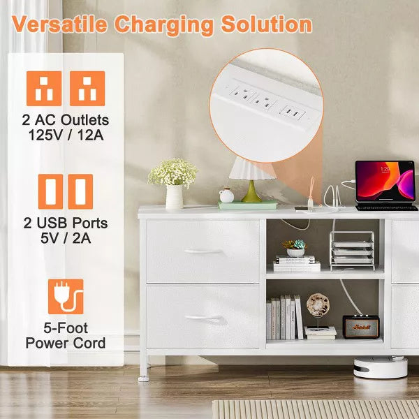 Gikpal Dresser TV Stand for 50 inch TV, Wide Dressers & Chests of Drawers with Charging Station & 4 PU Drawers Storage, Console Sofa Table for Bedroom