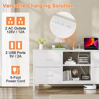 Gikpal Dresser TV Stand for 50 inch TV, Wide Dressers & Chests of Drawers with Charging Station & 4 PU Drawers Storage, Console Sofa Table for Bedroom