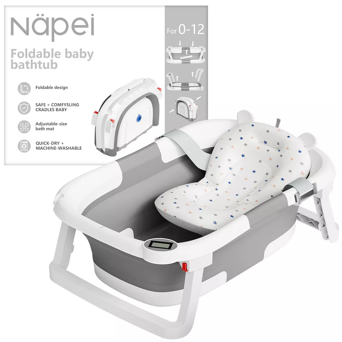 Napei Collapsible Baby Bathtub for Infants and Toddlers with Bath Net and Thermometer