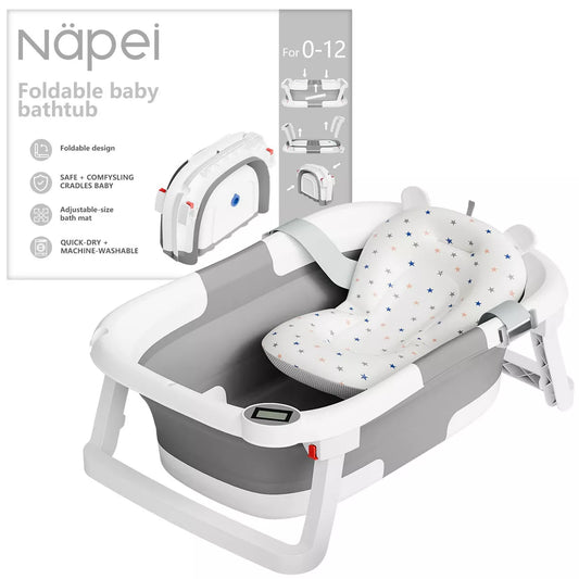 Napei Collapsible Baby Bathtub for Infants and Toddlers with Bath Net and Thermometer