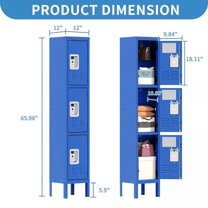 Munora 66"H 3 Doors Locker for Employees, Metal Locker Storage Cabinet for Home Office School Gym, Lockable, Require Assembly (Blue)