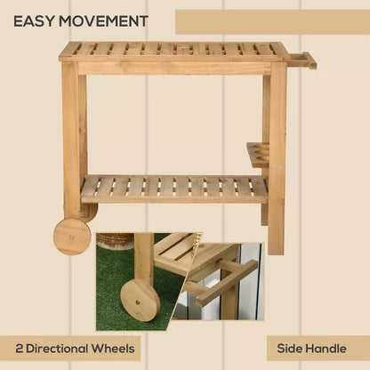 Resenkos Outdoor Bar Cart, Wood Rolling Home Bar & Serving Cart with 2 Shelves, Wine Bottle Holders for Garden, Dining Room, Natural Brown