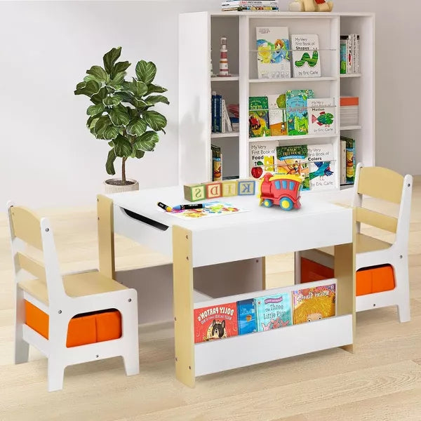 Kinder King Kids Wood Table & 2 Chairs Set, 4 in 1 Children Activity Table w/Double Bookcase, Blackboard, Toddler Furniture Set