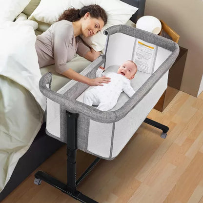 Kinder King Baby Bassinet 2 in 1 Bedside Sleeper,Folding Portable w/Storage Basket All-Sided Mesh 6 Adjustable Height Comfy Mattress