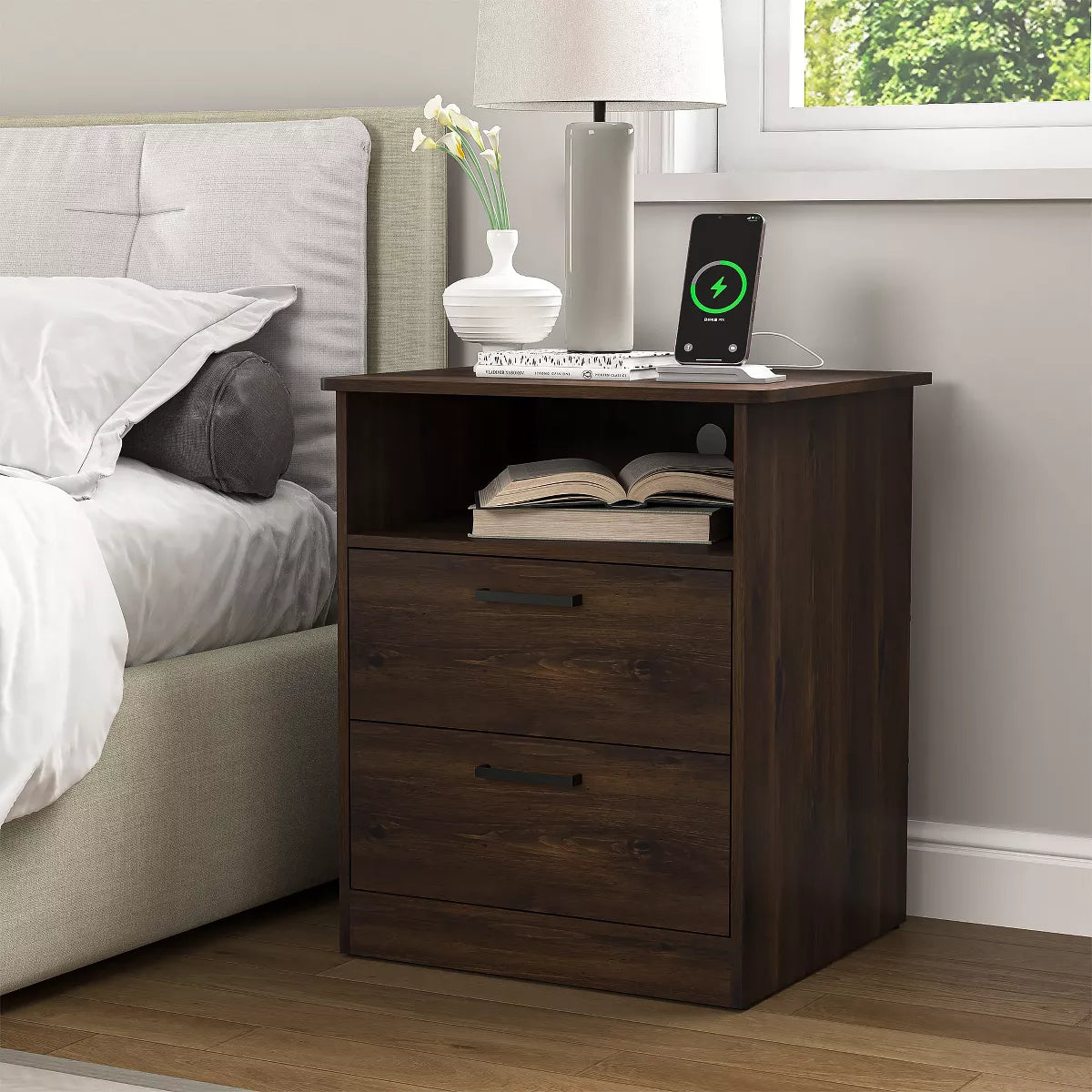Resenkos Wood Nightstand With Charging Station, Bedside Table With 2 Drawers, Night Stand With Storage For Bedroom,