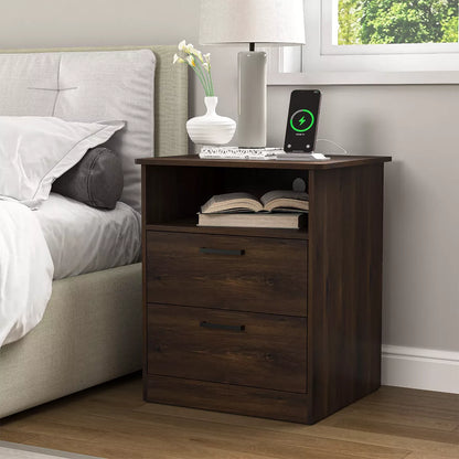 Resenkos Wood Nightstand With Charging Station, Bedside Table With 2 Drawers, Night Stand With Storage For Bedroom,