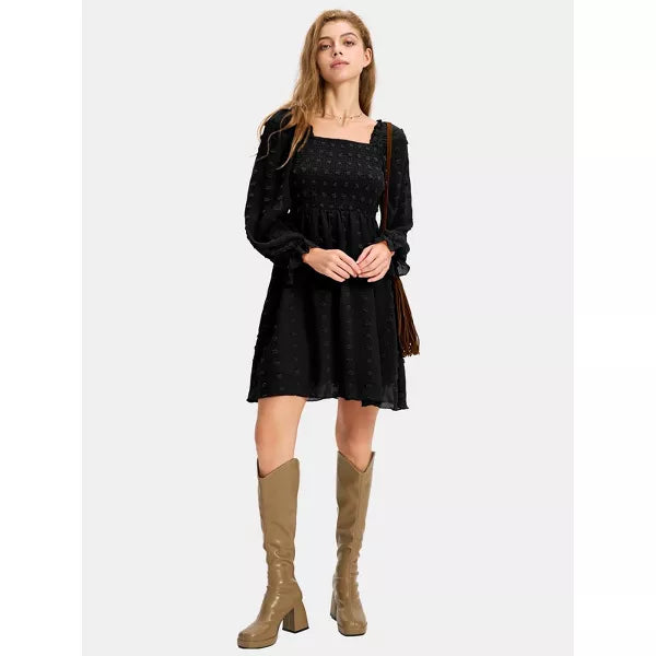 EXLURA Womens 2025 Summer Long Sleeve Party Swiss Dot Dress Smocked Ruffle Cocktail Mini Dresses