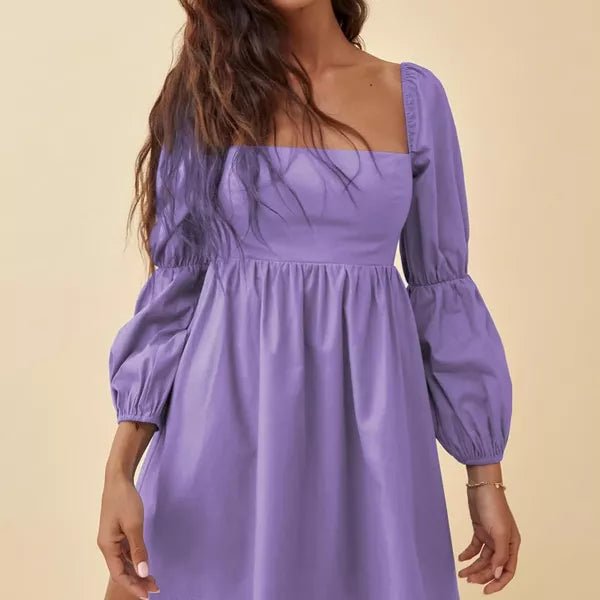 EXLURA Womens Square Neck Dress Long Puff Sleeve A-Line Casual Short Mini Dresses