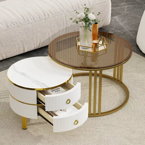 Wooakway Nesting Coffee Table Set of 2, Brown Tempered Glass, High Gloss Marble Tabletop, 2 Drawers, Golden Frame, Round Center Table for Home, Office