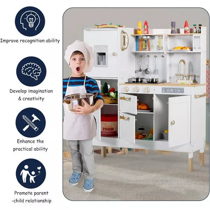 Kinder King Wooden Kids Play Kitchen, Toy Kitchen Playset for Toddler, Realistic Kitchen Sets w/Lights & Sounds, Gift for Boys Girls Age 3+, Gold