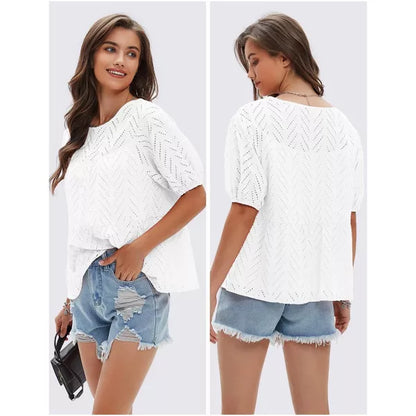 EXLURA Womens Summer Tops Dressy Casual Short Lantern Sleeve Shirts Crew Neck Hollow Out Lace Embroidered Blouses Shirts