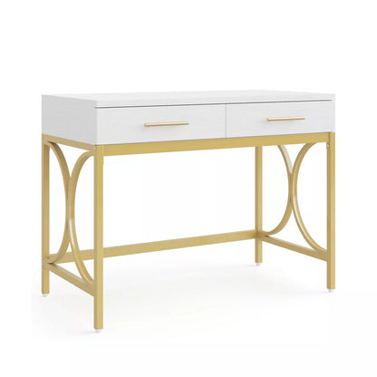 Resenkos Computer Desk, Office Desk, Study Desk,41" Computer Desk, Modern Home Office Writing Desk with 2 Drawers,Gold White