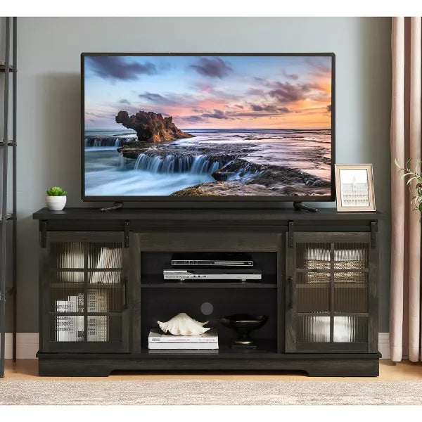 Wooakway Multipurpose Sliding Door TV Stand Large Storage Cabinet with 2 Sliding Fluted Glass Tempered Doors