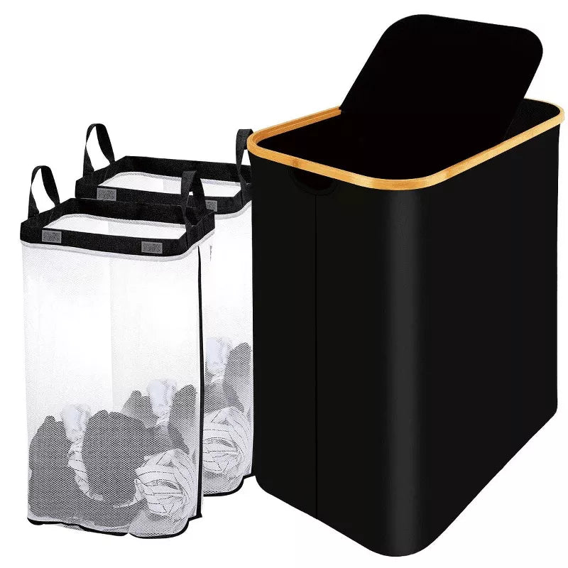 BestParts 150L Waterproof Double Laundry Hamper with Lid, Bamboo Handles & 2 Removable Bags, Blac