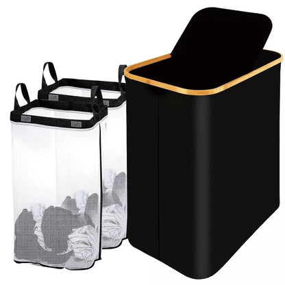 BestParts 150L Waterproof Double Laundry Hamper with Lid, Bamboo Handles & 2 Removable Bags, Blac