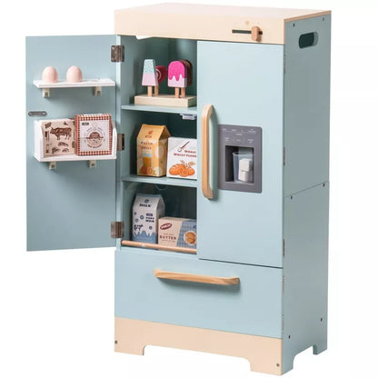 ROBOTIME Play Kitchen for Toddlers,Fridge Refrigerator with Ice Dispenser,Wooden Kids Kitchen Playset Toy,Gift for Ages 3+, Blue, 18"*11"*40.5"