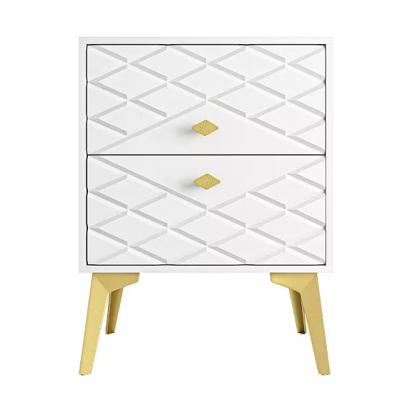 Resenkos 1Pcs Nightstand, 2 Drawer Dresser for Bedroom, Small Side Table, Bedside Furniture, Night Stand, End Table with Gold Handle, White
