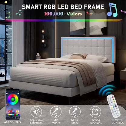 AMERLIFE Button Tufted Platform Bed Frame with LED Lights and Charging Station