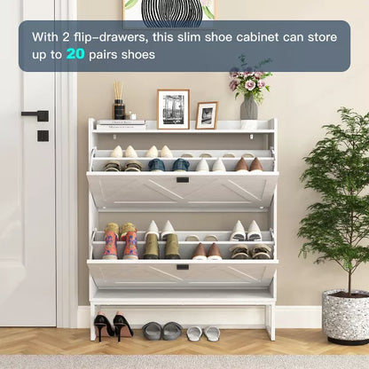Resenkos Entryway Shoe Storage Cabinet with 2 Flip Drawers, Freestanding Shoe Cabinet Organizer with Open Storage, Narrow Farmhouse Shoe Rack with